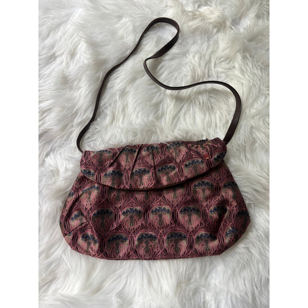 Vintage Tapestry Shoulder Bag Womens Medium Burgundy Art Nouveau Floral Faux Fur